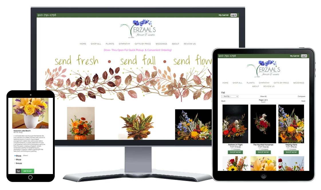 Responsive florist eCommerce website design displayed across desktop, tablet, and mobile devices